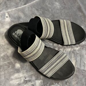 Sorel Women’s Black and White Fabric Flat Slide Sandals